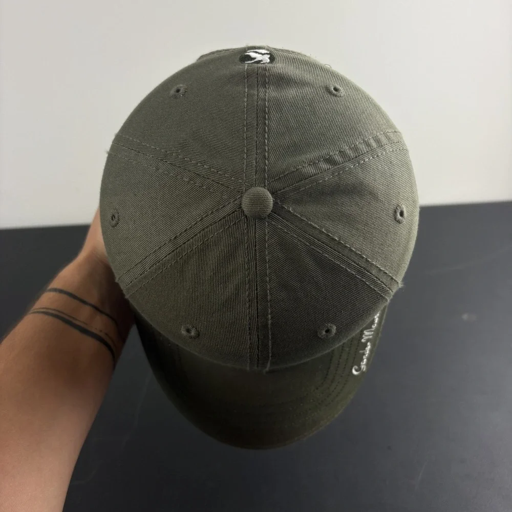 Y2K Gander Mountain Hat Olive Green Script Brim We Live Outdoors Dad Cap Cotton